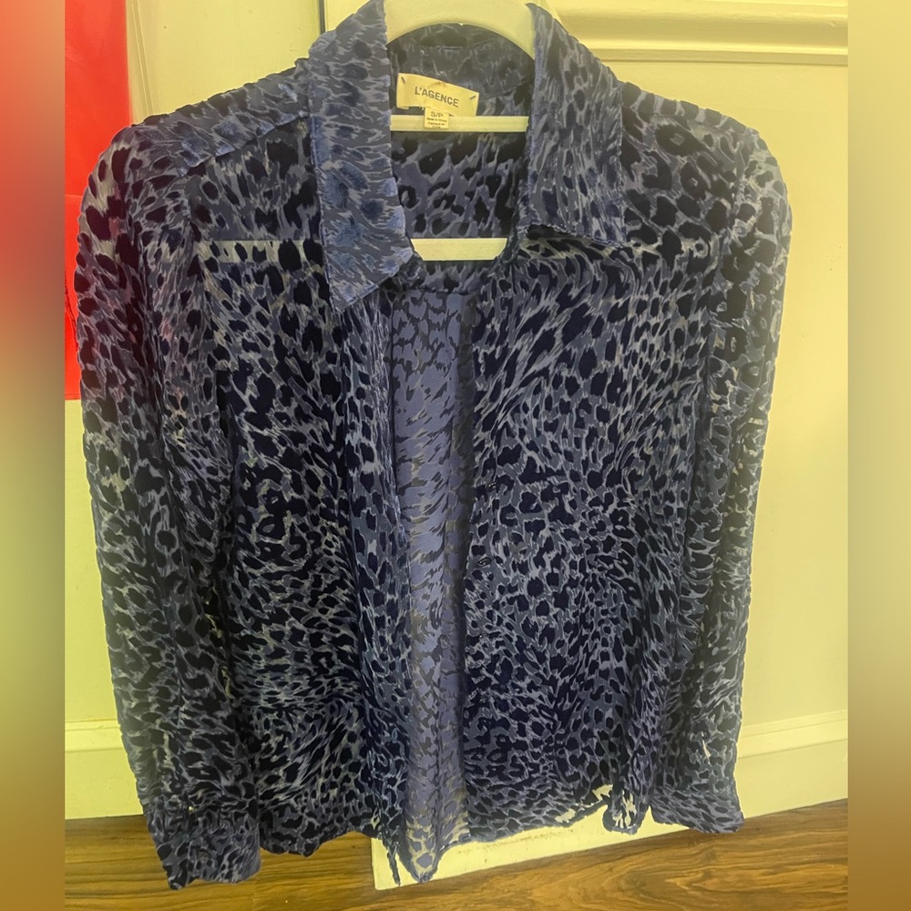 L’Agence women’s blouse animal print purple and black shirt size small